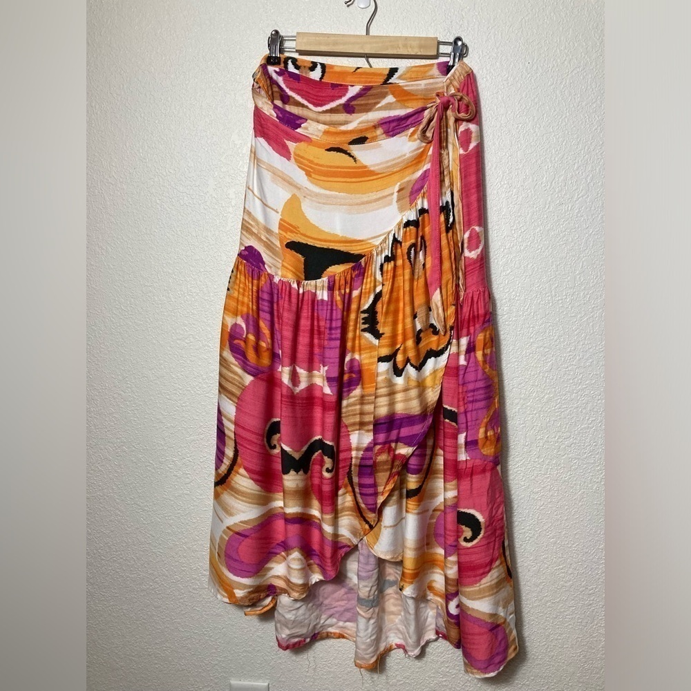 Rachel Zoe wrap skirt ruffles bright multicolored high low hem 100% Rayon XL